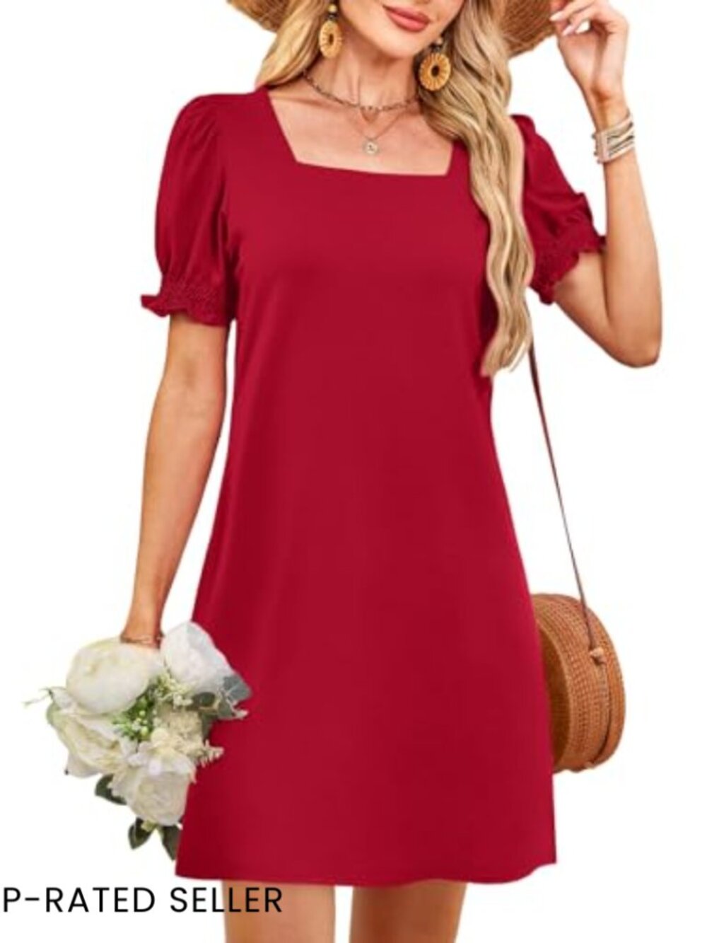 Square Neck Puff Sleeve Casual Dress with Pockets Chic Summer A-Line - Picture 3 of 7